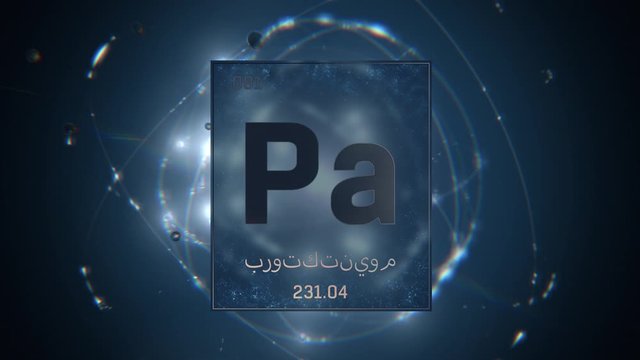 Protactinium as Element 91 of the Periodic Table. Seamlessly looping 3D animation on blue illuminated atom design background orbiting electrons name, atomic weight element number in Arabic language