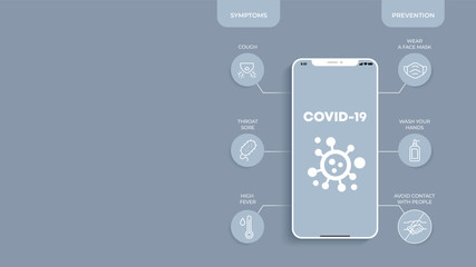 Mock up screen, flat grey background. Mobile phone with icon infographics - Symptoms and Preventions from COVID-19 virus