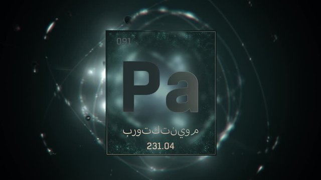 Protactinium as Element 91 of the Periodic Table. Seamlessly looping 3D animation on green illuminated atom design background orbiting electrons name, atomic weight element number in Arabic language