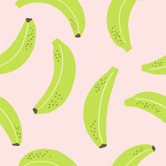 Green banana flat vector seamless pattern. Tropical fruit summer repeat background