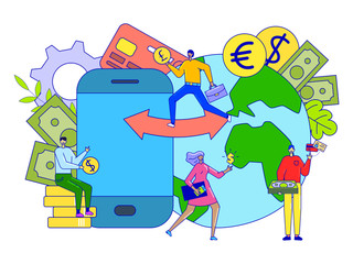Currency exchange concept, money transaction online, tiny people cartoon characters, vector illustration. Worldwide banking operation and digital economy investment. Financial transfer payment network