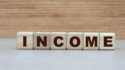 concept of the word INCOME on cubes on a wooden background