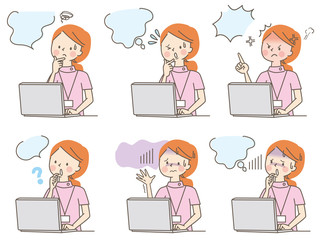 病院　薬局　パソコン　悩む　焦る　怒る　若い女性　白衣　表情セット