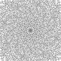 Fototapeta premium Curved lines, curls mandala coloring. Abstract pattern. Circles and lines, shapes. Beautiful relaxation black and white ornament. Large size, meditative drawing. Coloring book page.