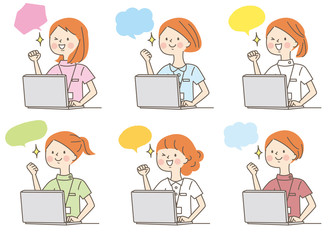 パソコン　ガッツポーズ　若い女性　白衣　人物セット