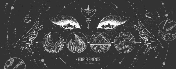 Modern magic witchcraft card with solar system, four elements and fortune teller eyes. Hand drawing occult vector illustration of water, earth, fire, air - obrazy, fototapety, plakaty