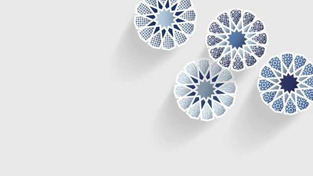 Rotating ornamental stars, arabesque with arabic patterns. Moving blue abstract geometric objects, white background. Ramadan, Eid ul Adha graphic animation, slow motion, loopable. Islamic design.