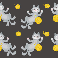 vector illustration seamless pattern with playing cat on a gray background.
print for children, wrapping paper