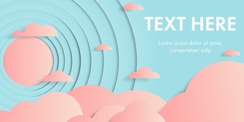 Paper layer art background of light blue sky with pink cloud and copy space for text or message.