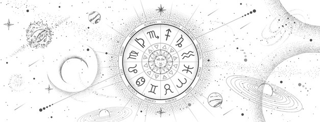 Astrology wheel with zodiac signs on outer space background. Star map. Horoscope vector illustration - obrazy, fototapety, plakaty