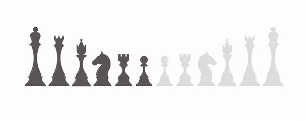 Set of Chess figures in black and white color. Collection of chess pieces: king, queen, rook, bishop, pawn, knight. Flat vector illustration on isolated white background. 