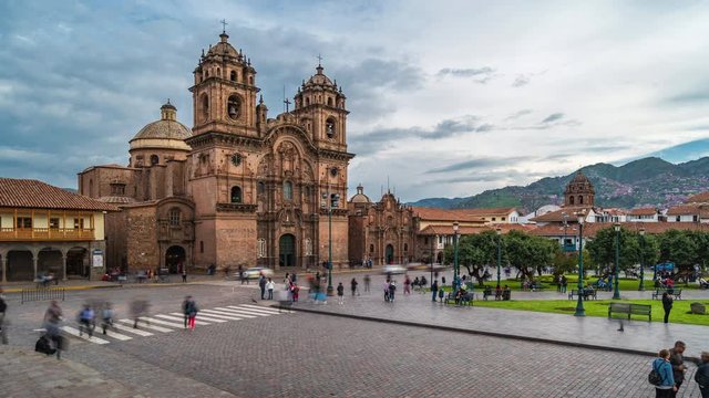 Zoom in time lapse view of tourists and locals around Plaza de Armas in Cusco, Peru, the historic capital of the Inca empire.