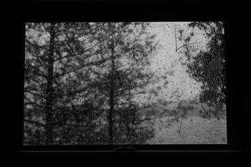 Gouttes de pluie sur la fenêtre du chalet dans la forêt d'Ontario