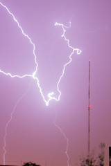 Lightning strikes a radio tower