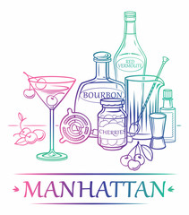 Cocktail Manhattan with ingredients (Bourbon, red vermoute, cherries, Angostura bitter) and barman's instruments. Vector Icon for Cocktail or Bar menu
