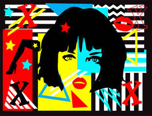 Portrait of a girl with red lips and sexy leg in high heels, pop art colorful background
