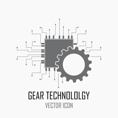 Gear with chip. Flat design style, Gear with electronic circuit technology icon line Vector illustration