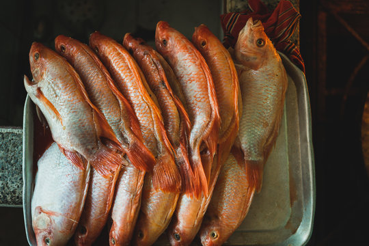Top view of raw cleaned fish in row on tray in rustic kitchen