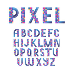 Alphabet, pixel modern lettering, colorful capital letters for banners and cards, vector type