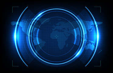 abstract background of round futuristic technology user interface screen hud and world maps