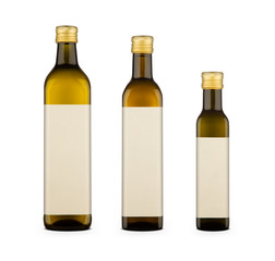 1000 ml, 750 ml and 250 ml olive oil bottles with blank labels