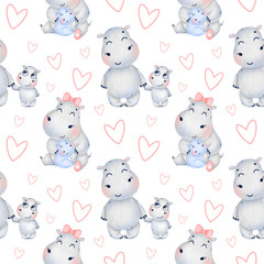 Cute cartoon hippo family with hearts seamless pattern