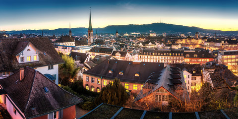 View over Zurich from Polyterasse at night - obrazy, fototapety, plakaty