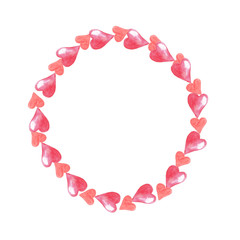 Obraz premium Watercolor frame wreath of pink hearts isolated on white. Design for Valentine days, postcard, card, invitation, wedding, spring, love