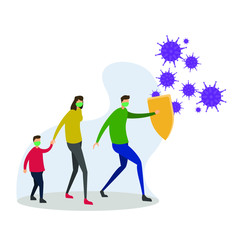 Coronavirus vector concept:  male figure wearing a face mask defending his family with a shield from Covid-19