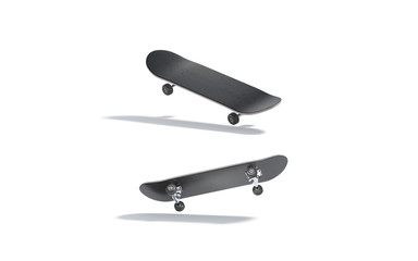 Blank black wood skateboard mockup, no gravity, top and bottom