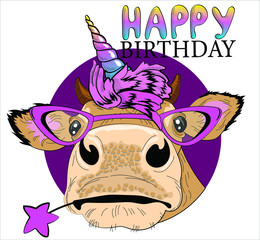 Fun bull in unicorn costume isolate on white background. 
Happy Birthday - lettering. Humor card, t-shirt design composition, hand drawn style print. Vector stock illustration.