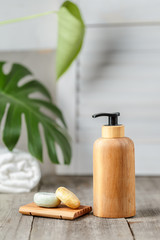 Wooden pump soap bottle and solid soap dish