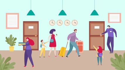 Hotel accommodation, happy family travel together, check in service people, vector illustration. Parents and children go to guesthouse room with baggage. Hostel staff cartoon characters, tourist motel