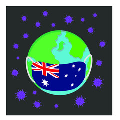 Coronavirus vector concept: The earth  wearing Australian flag face mask surrounded by Covid-19