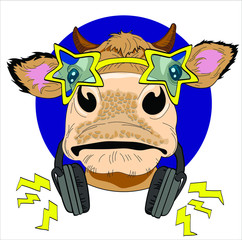Fun cow rock star with glasses and 
headphones isolate on white background. Bull Humor card, t-shirt design composition, hand drawn style print. Vector stock illustration.