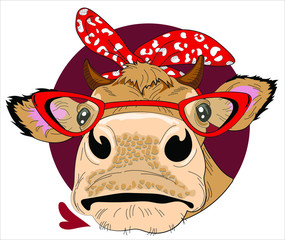 Fun bull with glasses and bow,  isolate on white background. 
Humor card pin up style, t-shirt design composition, cow hand drawn style print. Vector stock illustration.