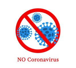 Abstract virus strain model Novel coronavirus 2019-nCoV is crossed out with red STOP sign.