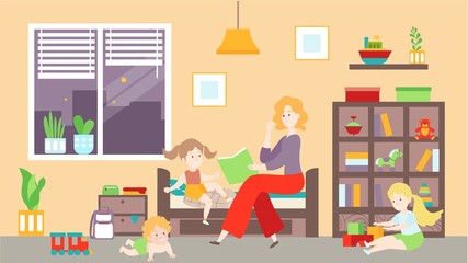 Mother reading bedtime story to children, happy family people at home, vector illustration. Happy woman with kids, boy and girl playing in bedroom. Smiling babysitter read book, cartoon characters