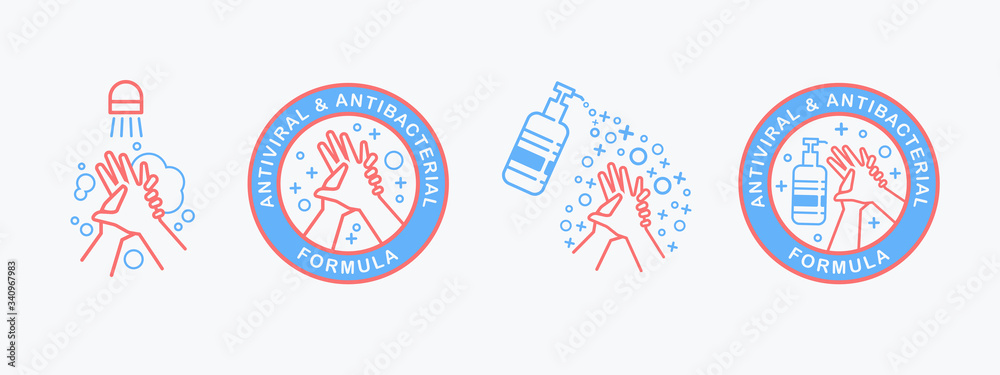 Wall mural flat outline vector set of hand sanitizer pump bottle, washing gel, alcohol gel, washing hands . ant