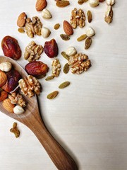 Nutty background, dates, walnuts, almonds, hazelnuts, raisins.