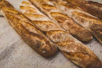 Buckwheat baguettes in baker's hands. Gluten free