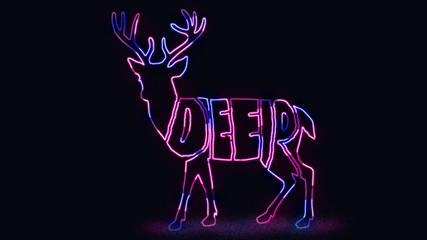 The text DEER written in the shape of deer with neon light effect. animal text outline with neon light effect.