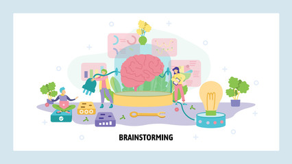 Human brain connected to plug and light bulb. Creative idea and brainstorm concept. Human mind, thinking process, memory. Vector web site design template. Landing page website illustration.