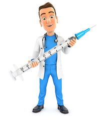 3d doctor standing and holding syringe