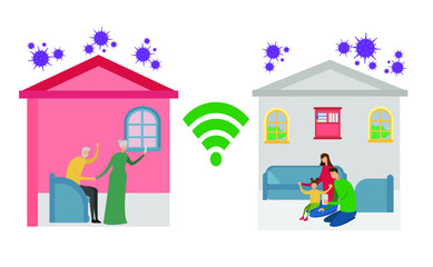 Covid-19 vector concept with two quarantined family group figures connecting through each other by wireless internet technology in white background with wifi signal and purple germs icons