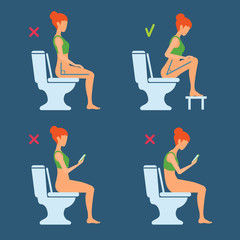 The correct and incorrect posture of sitting on the toilet. The torso position angle 90 or 35 degrees. Good and bad. Comfort posture, body health care. Woman silhouette hunched with a smartphone.