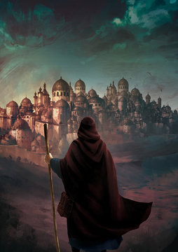 Illustration fantasy d'un mage avec une capuche de dos devant une ville dans le d&eacute;sert