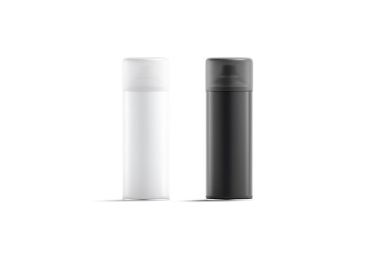Blank black and white closed spray can mockup, front view