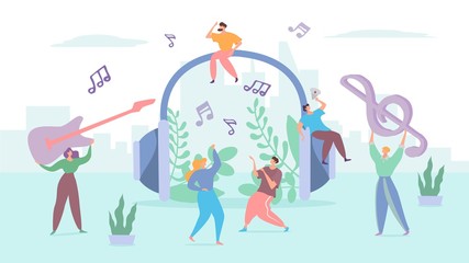 Fototapeta na wymiar Headphones music concept, tiny people dancing on street, melody symbol, vector illustration. Men and women cartoon characters listening to music, urban city multimedia. Streaming service entertainment
