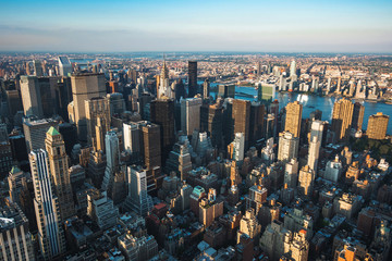 New York City skyline showing landmark buildings by day in Manhattan, New York, United States of America.